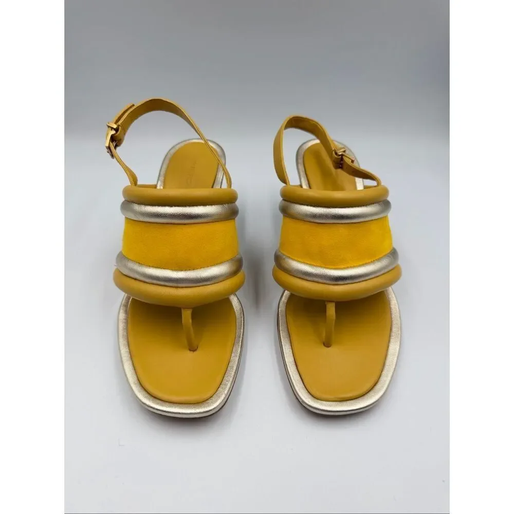 Tory Burch Yellow Metallic Puffy Leather Wedge Sandal Slingback Open Toe Size 9M